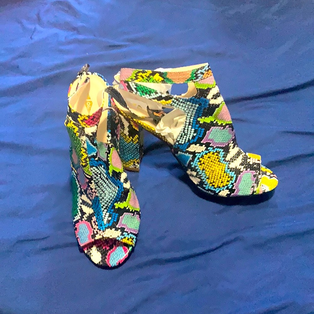 Multi colored snakeskin peep toe heels